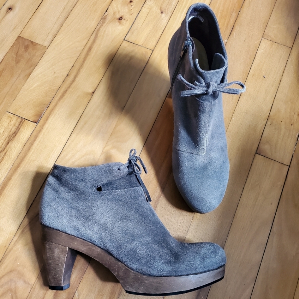 COCLICO Taupe Suede Wooden Platform Ankle Boots, EU 40